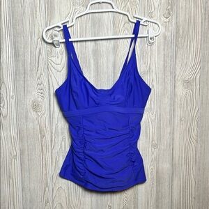 Athleta Womens Tankini Top Swimsuit Blue Stretch Scoop Neck Smocked 34D/DD